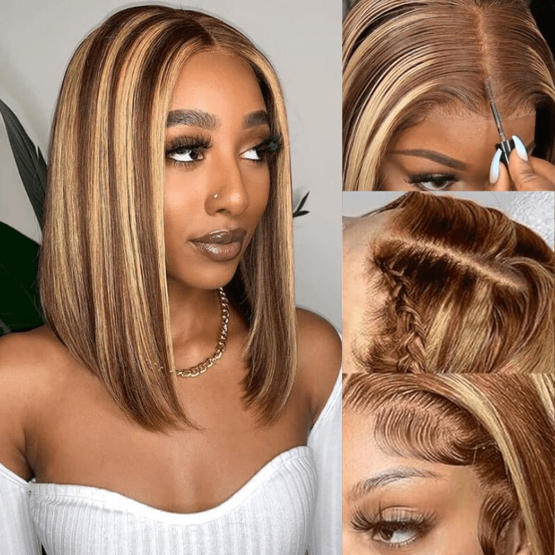 Julia Hair 6x4 75 Pre Cut Lace Honey Blonde Highlights Glueless Bob Wig